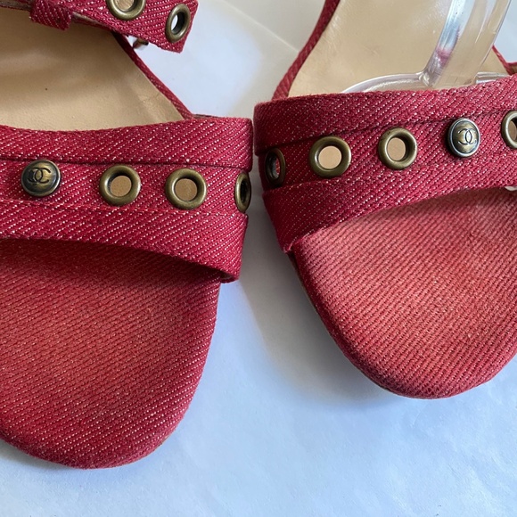 Chanel ankle strap heels sandals mules ankle strap 37-7 red pumps slides slip-on - Picture 2 of 8